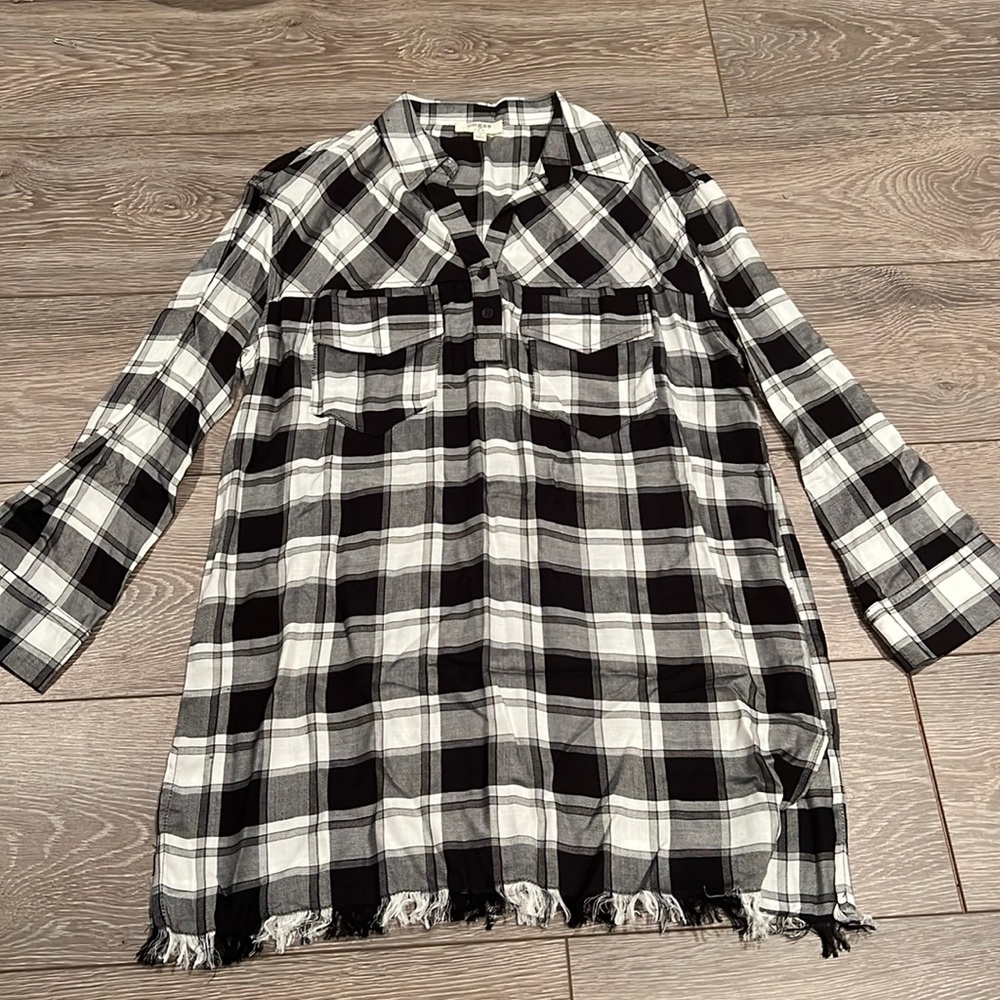 Collared Flannel Dress, Black White, Small. long Sleeve